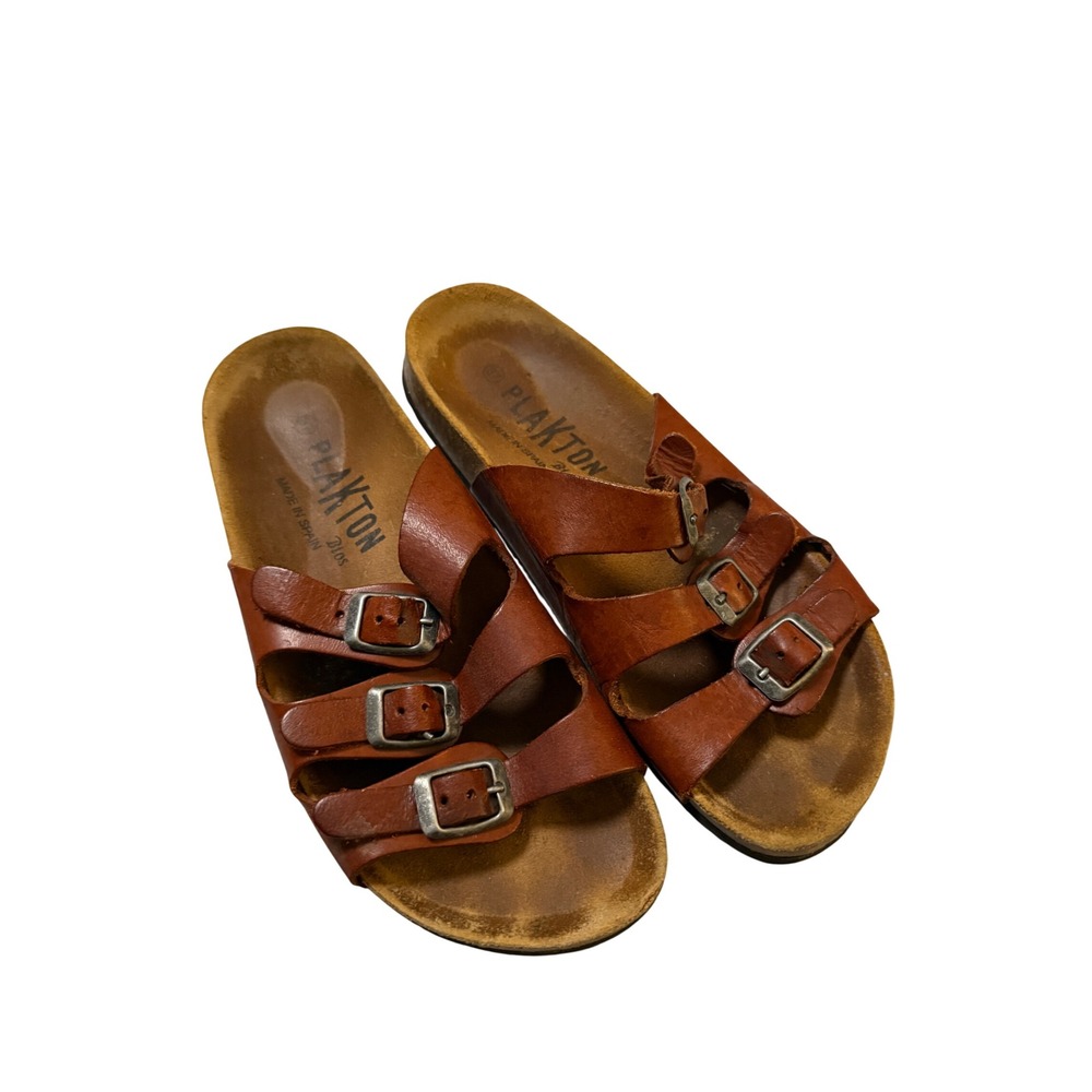 Plakton Size 37 3-Strap Brown Tan Cohnac Cork Footbed Sandals Leather Supportive